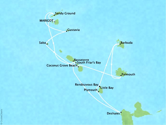 Luxury Cruises Crystal Map Detail Marigot, Saint Martin to Marigot, Saint Martin December 22 2026 January 3 2026 - 14 Days