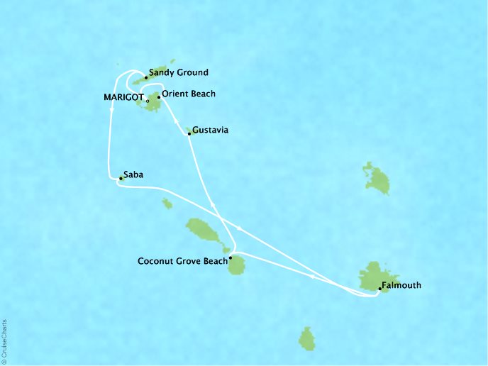Luxury Cruises Crystal Map Detail Marigot, Saint Martin to Marigot, Saint Martin June 9-16 2026 - 7 Days