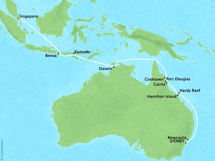 Luxury Cruises Crystal Symphony Map Detail Sydney, Australia to Singapore, Singapore April 8-26 2026 - 18 Days