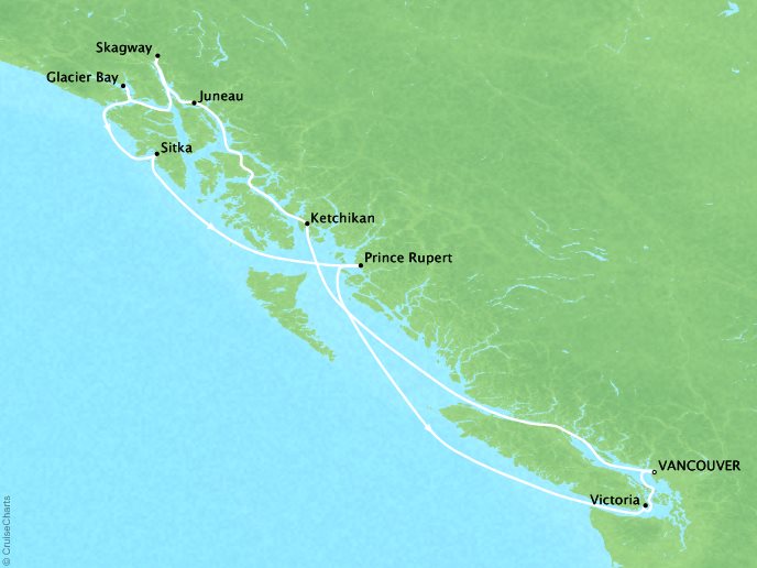 Luxury Cruises Crystal Symphony Map Detail Vancouver, Canada to Vancouver, Canada August 10-20 2026 - 10 Days