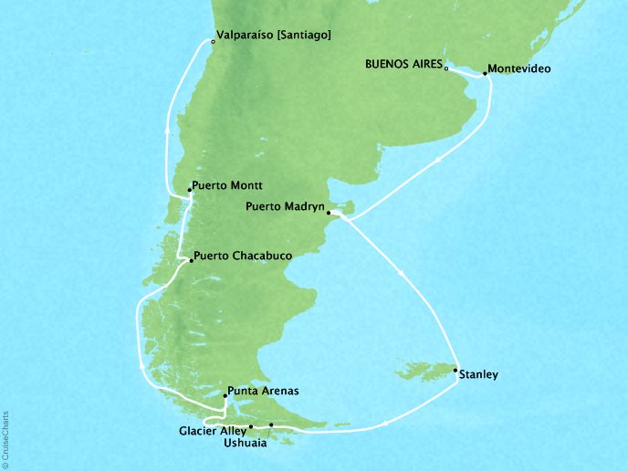 Luxury Cruises Crystal Symphony Map Detail Buenos Aires, Argentina to Valparaso, Chile February 3-19 2026 - 16 Days