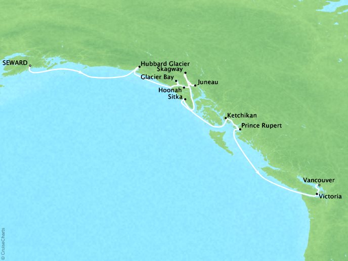 Luxury Cruises Crystal Symphony Map Detail Seward, AK, United States to Vancouver, Canada July 12-23 2026 - 11 Days