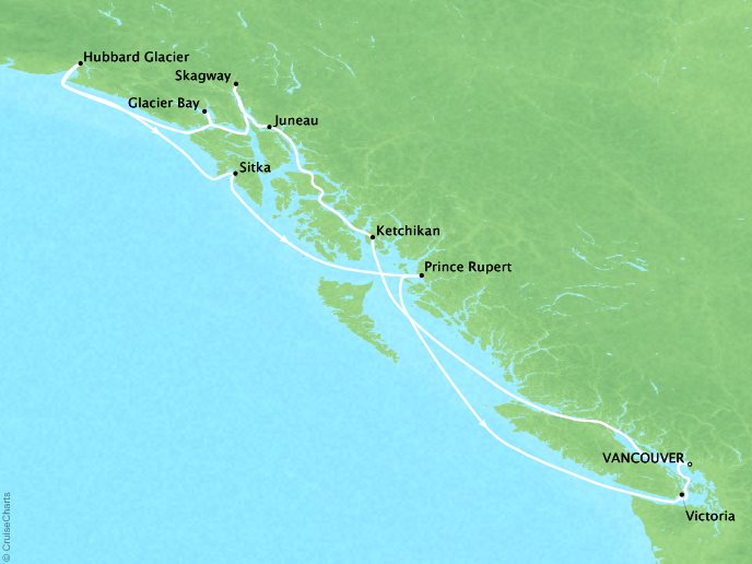 Luxury Cruises Crystal Symphony Map Detail Vancouver, Canada to Vancouver, Canada July 30 August 10 2026 - 11 Days