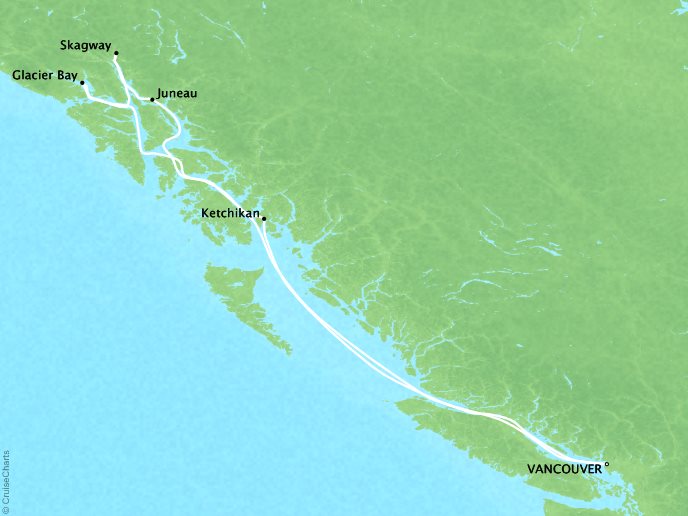 Luxury Cruises Crystal Symphony Map Detail Vancouver, Canada to Vancouver, Canada June 25 July 2 2026 - 7 Days
