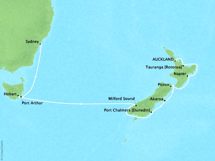Luxury Cruises Crystal Symphony Map Detail Auckland, New Zealand to Sydney, Australia March 23 April 8 2026 - 16 Days