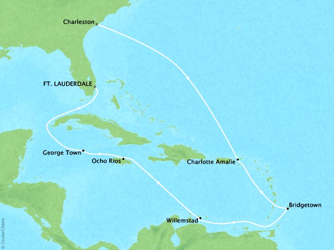 Luxury Cruises Crystal Symphony Map Detail Fort Lauderdale, FL, United States to Charleston, SC, United States November 17 December 1 2026 - 14 Days