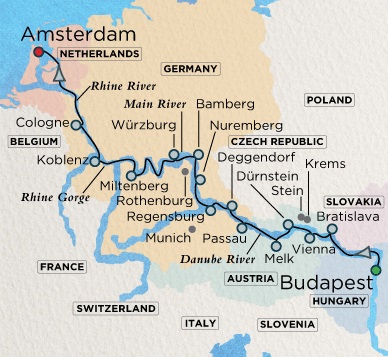 Luxury Crystal ocean Mahler Cruise Map Detail Budapest, Hungary to Amsterdam, Netherlands December 22 2028 January 7 2026 - 16 Days