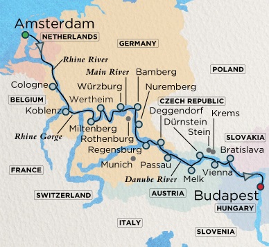 Luxury Crystal ocean Mahler Cruise Map Detail Amsterdam, Netherlands to Budapest, Hungary June 29 July 15 2028 - 16 Days